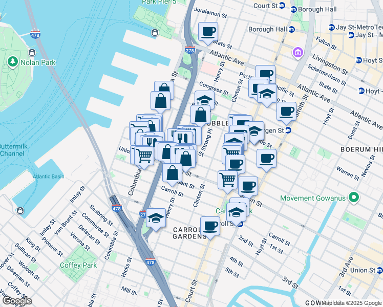 map of restaurants, bars, coffee shops, grocery stores, and more near 492 Henry Street in Brooklyn