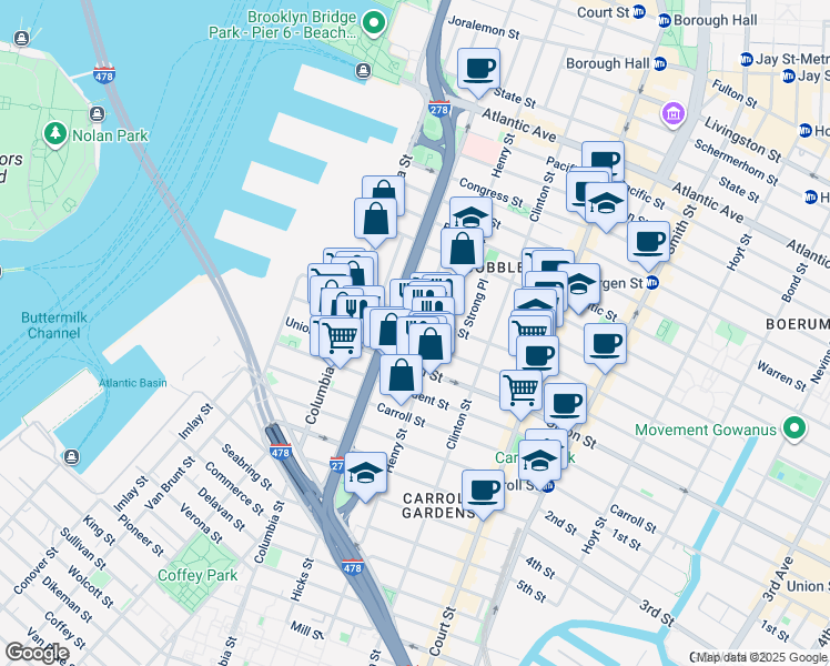 map of restaurants, bars, coffee shops, grocery stores, and more near 492 Henry Street in Brooklyn