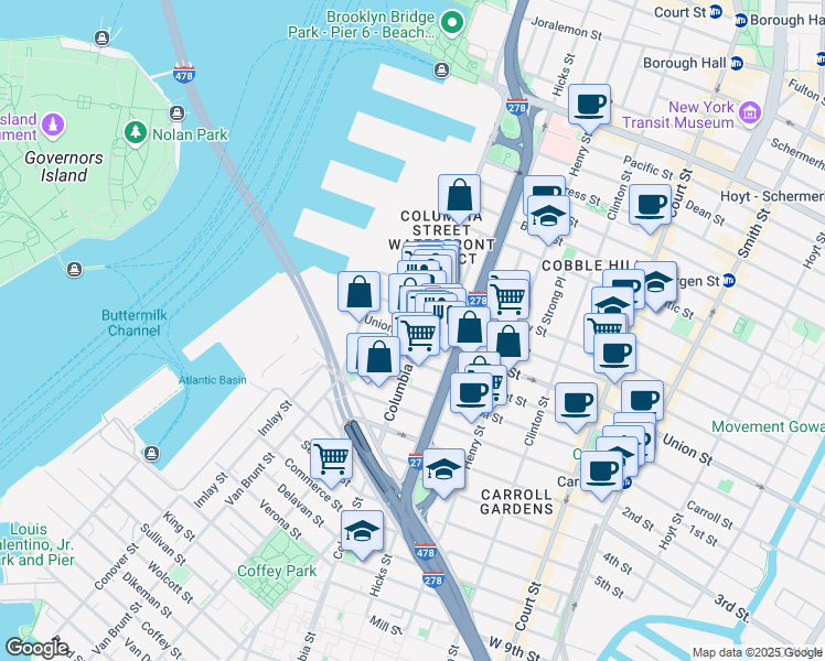 map of restaurants, bars, coffee shops, grocery stores, and more near 221 Columbia Street in Brooklyn