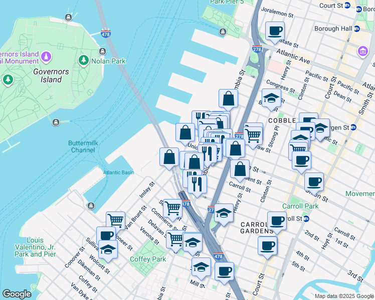 map of restaurants, bars, coffee shops, grocery stores, and more near 29 President Street in Brooklyn