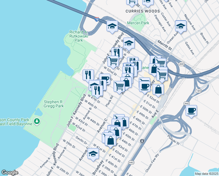 map of restaurants, bars, coffee shops, grocery stores, and more near 90 West 50th Street in Bayonne