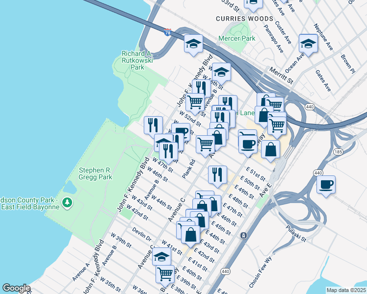 map of restaurants, bars, coffee shops, grocery stores, and more near 217 Avenue B in Bayonne