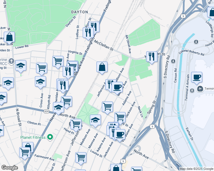 map of restaurants, bars, coffee shops, grocery stores, and more near 1012 Madison Avenue in Elizabeth