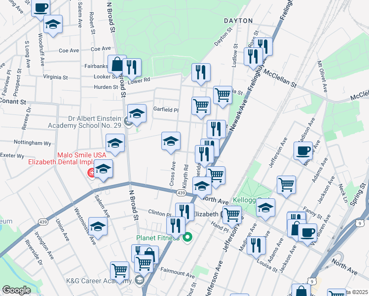 map of restaurants, bars, coffee shops, grocery stores, and more near 900 Kilsyth Road in Elizabeth