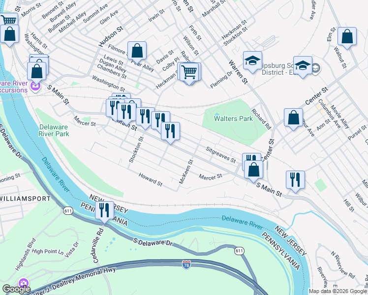 map of restaurants, bars, coffee shops, grocery stores, and more near 527 South Main Street in Phillipsburg