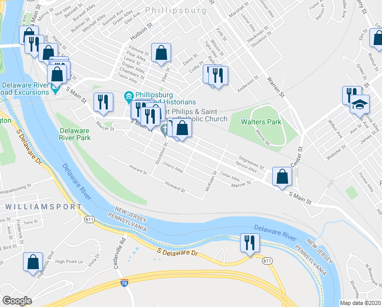 map of restaurants, bars, coffee shops, grocery stores, and more near 81 Jefferson Street in Phillipsburg