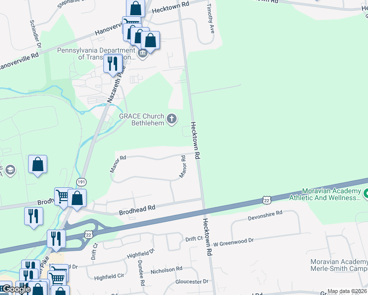 map of restaurants, bars, coffee shops, grocery stores, and more near 3685 Manor Road in Bethlehem