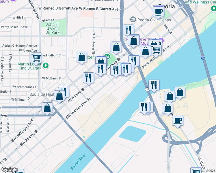 map of restaurants, bars, coffee shops, grocery stores, and more near 816 Southwest Washington Street in Peoria