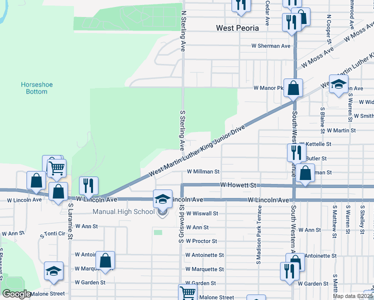 map of restaurants, bars, coffee shops, grocery stores, and more near 410 South Sterling Avenue in Peoria