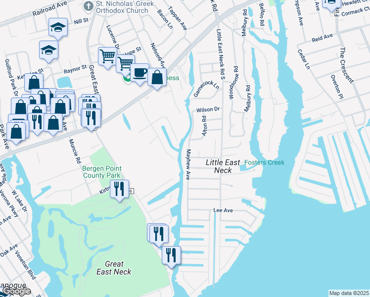 map of restaurants, bars, coffee shops, grocery stores, and more near 76 Mayhew Avenue in Babylon