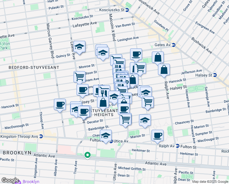 map of restaurants, bars, coffee shops, grocery stores, and more near 626 Hancock Street in Brooklyn