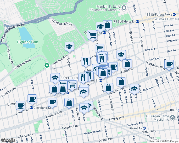 map of restaurants, bars, coffee shops, grocery stores, and more near 372 Ridgewood Avenue in Brooklyn