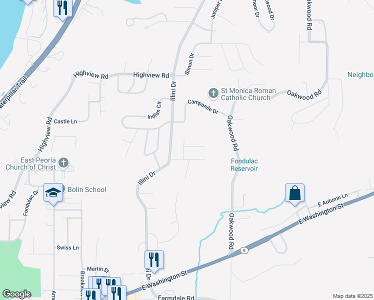 map of restaurants, bars, coffee shops, grocery stores, and more near 105 Ottawa Court in East Peoria