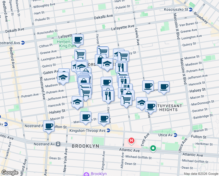 map of restaurants, bars, coffee shops, grocery stores, and more near 435 Jefferson Avenue in Brooklyn