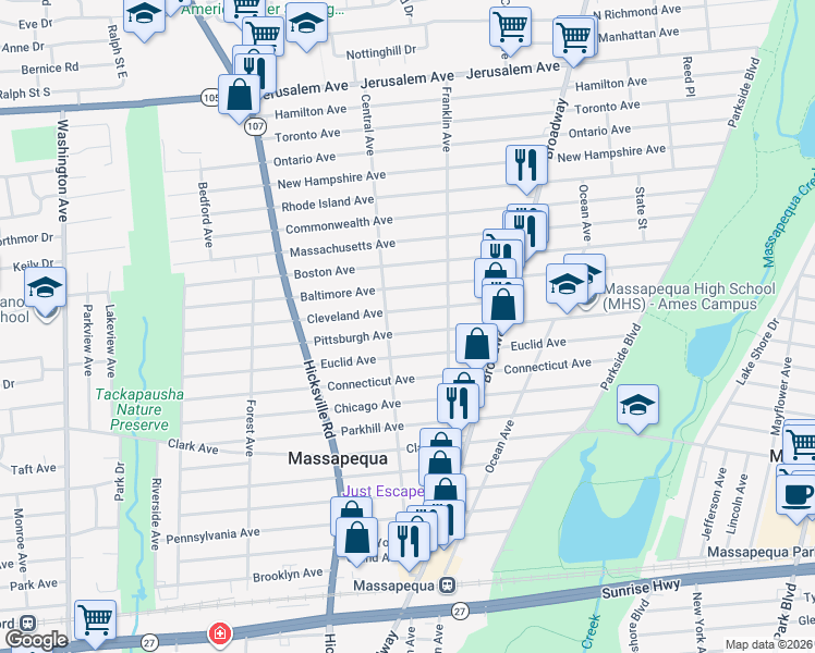 map of restaurants, bars, coffee shops, grocery stores, and more near 109 Pittsburgh Avenue in Massapequa
