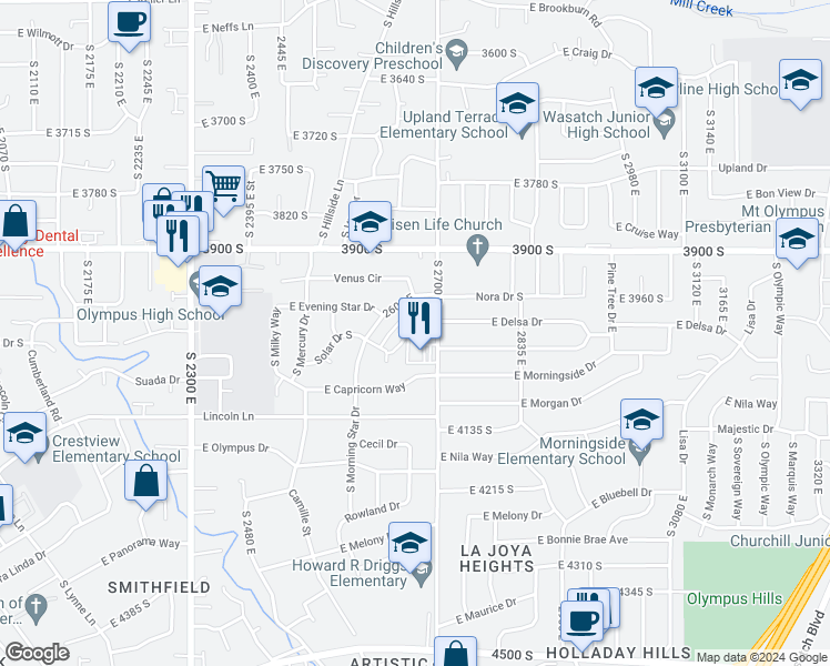 map of restaurants, bars, coffee shops, grocery stores, and more near 4016 South 2700 East in Holladay