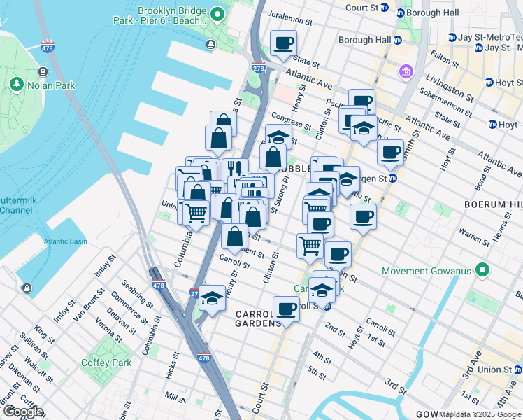 map of restaurants, bars, coffee shops, grocery stores, and more near 492 Henry Street in Brooklyn