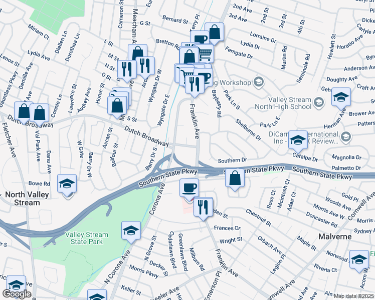 map of restaurants, bars, coffee shops, grocery stores, and more near 1157 Dutch Broadway in Valley Stream