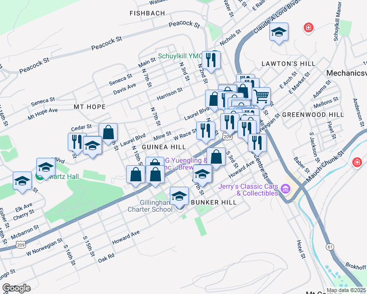 map of restaurants, bars, coffee shops, grocery stores, and more near 207 North 6th Street in Pottsville