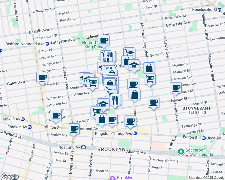 map of restaurants, bars, coffee shops, grocery stores, and more near 430 Putnam Avenue in Brooklyn