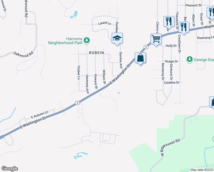 map of restaurants, bars, coffee shops, grocery stores, and more near 3900 East Washington Street in East Peoria