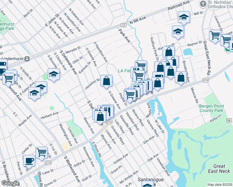 map of restaurants, bars, coffee shops, grocery stores, and more near 516 South Greene Avenue in Lindenhurst