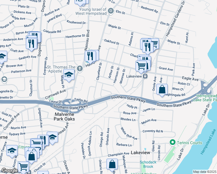 map of restaurants, bars, coffee shops, grocery stores, and more near 280 Sylvan Drive in West Hempstead