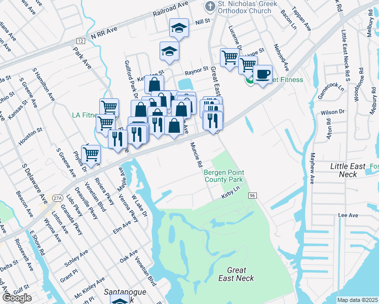 map of restaurants, bars, coffee shops, grocery stores, and more near 22 Muncie Road in West Babylon