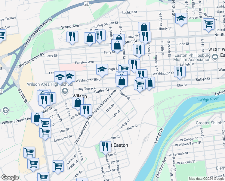 map of restaurants, bars, coffee shops, grocery stores, and more near 1800 Butler Street in Easton