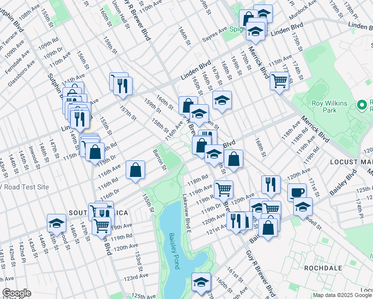 map of restaurants, bars, coffee shops, grocery stores, and more near 116-51 157th Street in Queens