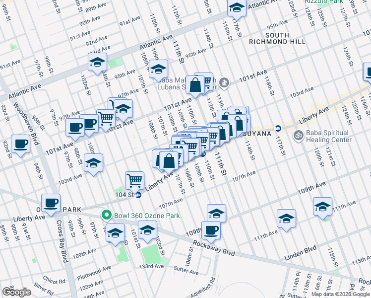 map of restaurants, bars, coffee shops, grocery stores, and more near 103-25 108th Street in Queens