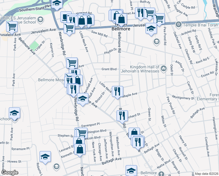 map of restaurants, bars, coffee shops, grocery stores, and more near 103 Herkimer Street in North Bellmore