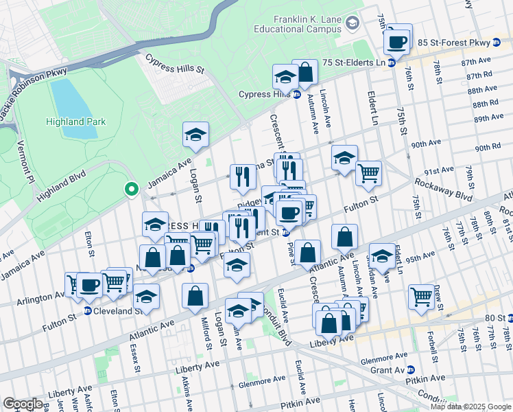 map of restaurants, bars, coffee shops, grocery stores, and more near 372 Ridgewood Avenue in Brooklyn