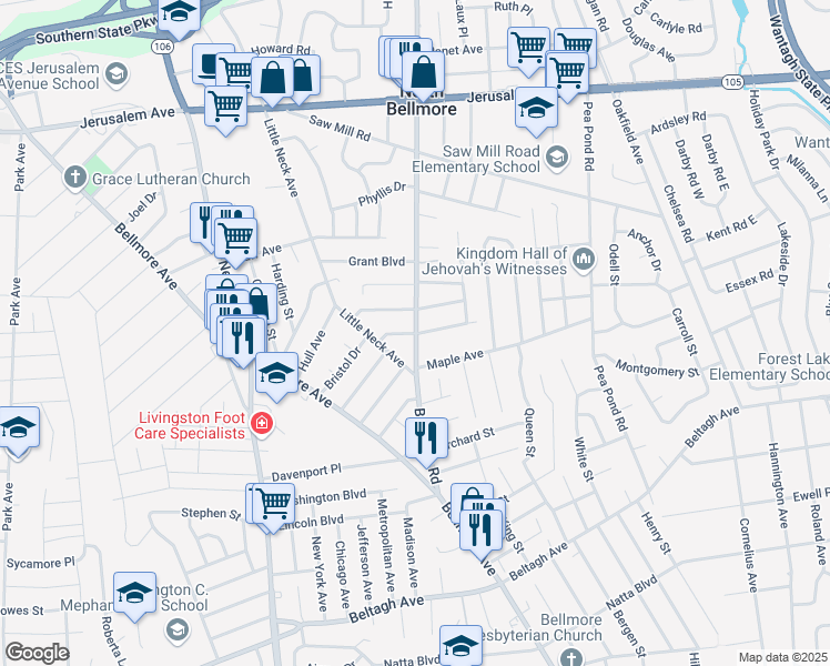 map of restaurants, bars, coffee shops, grocery stores, and more near 194 Herkimer Street in Bellmore