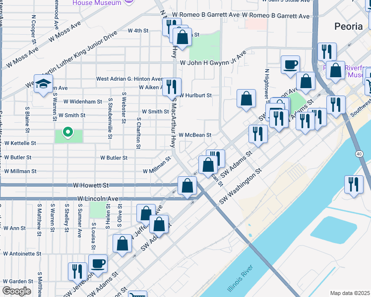 map of restaurants, bars, coffee shops, grocery stores, and more near 391 South Kersee Street in Peoria