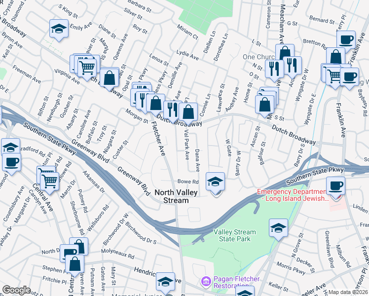 map of restaurants, bars, coffee shops, grocery stores, and more near 1528 Vista Road in Valley Stream