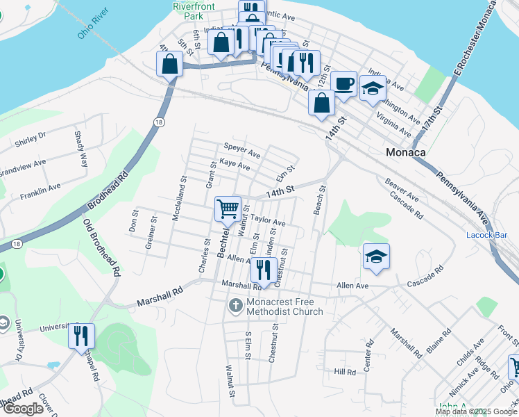 map of restaurants, bars, coffee shops, grocery stores, and more near 1008 Elm Street in Monaca
