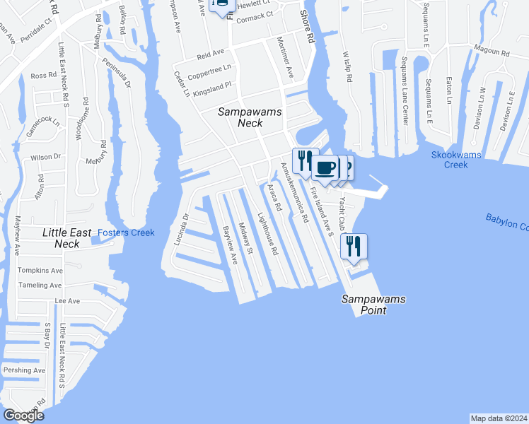 map of restaurants, bars, coffee shops, grocery stores, and more near 33 Lighthouse Road in Babylon