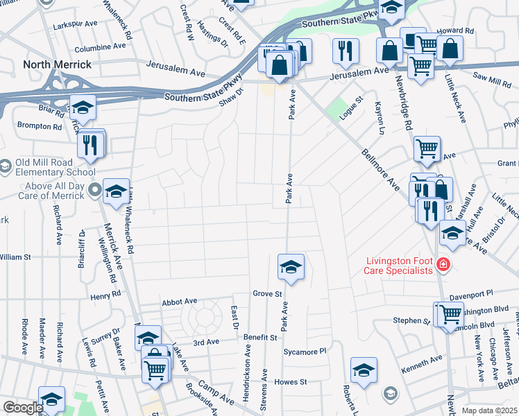 map of restaurants, bars, coffee shops, grocery stores, and more near 2200 Van Nostrand Avenue in Merrick