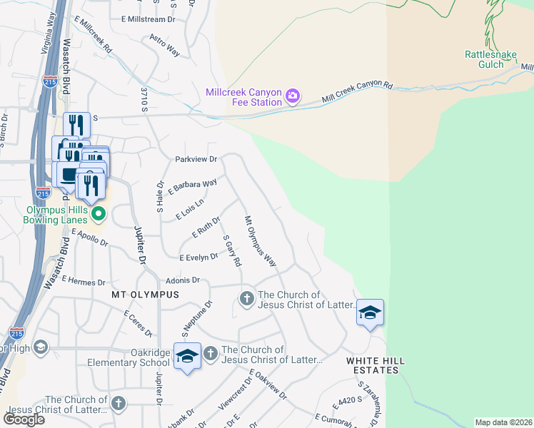 map of restaurants, bars, coffee shops, grocery stores, and more near 4011 Mount Olympus Way in Salt Lake City