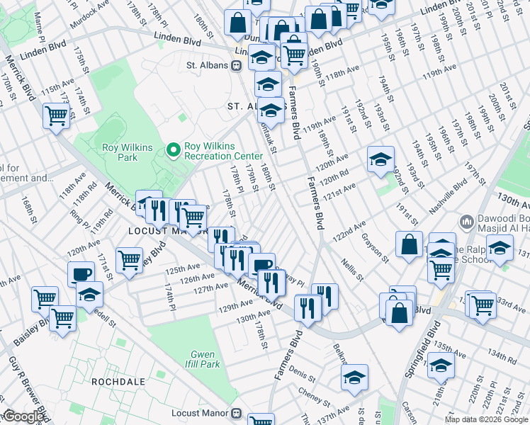 map of restaurants, bars, coffee shops, grocery stores, and more near 178-52 Leslie Road in Queens