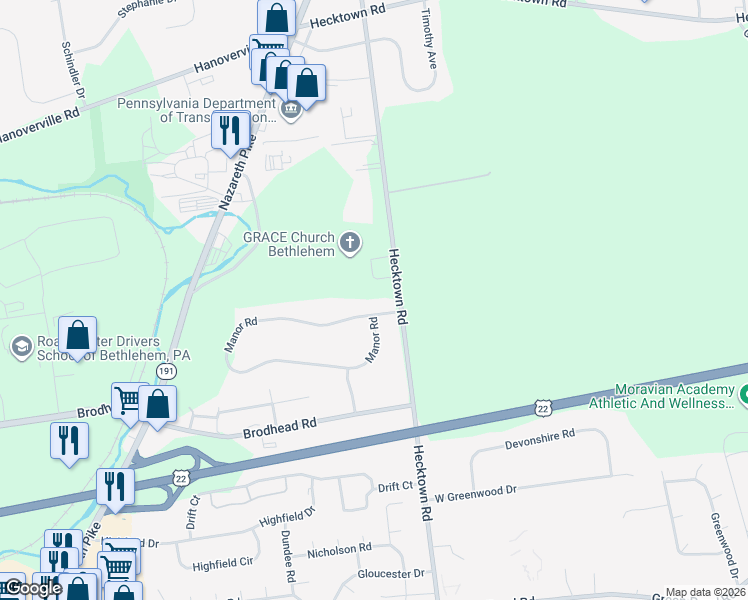 map of restaurants, bars, coffee shops, grocery stores, and more near 3685 Manor Road in Bethlehem