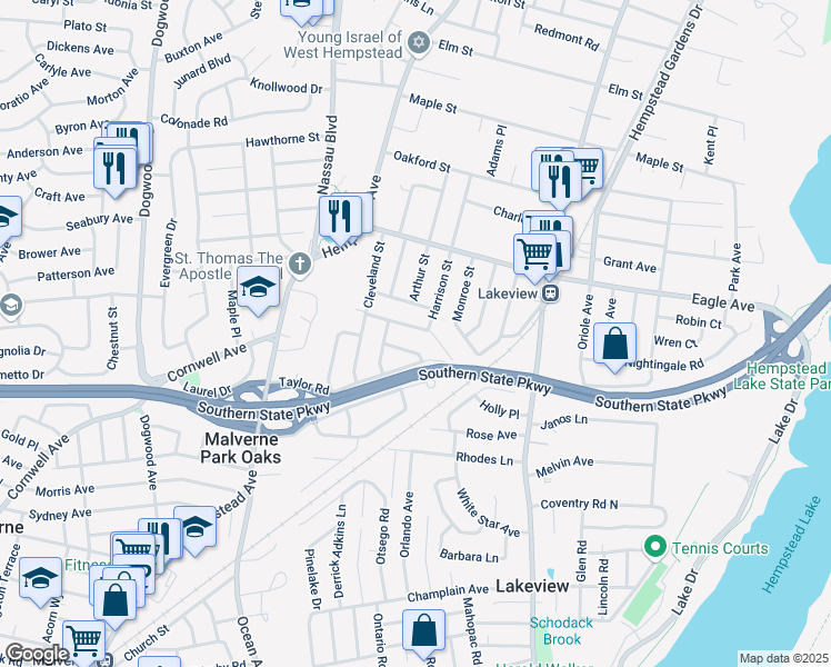 map of restaurants, bars, coffee shops, grocery stores, and more near 280 Sylvan Drive in West Hempstead