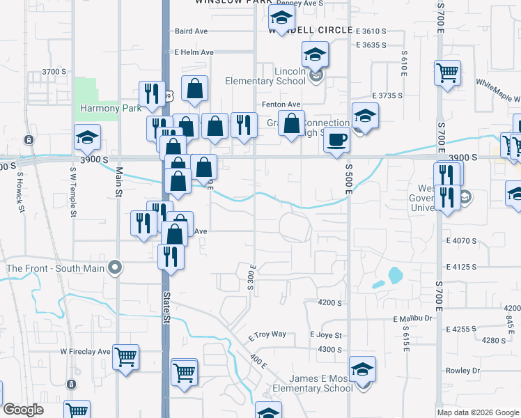 map of restaurants, bars, coffee shops, grocery stores, and more near 4005 South 300 East in Murray