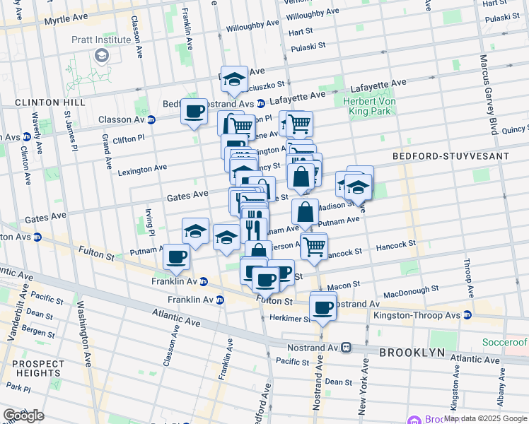 map of restaurants, bars, coffee shops, grocery stores, and more near 149 Madison Street in Brooklyn