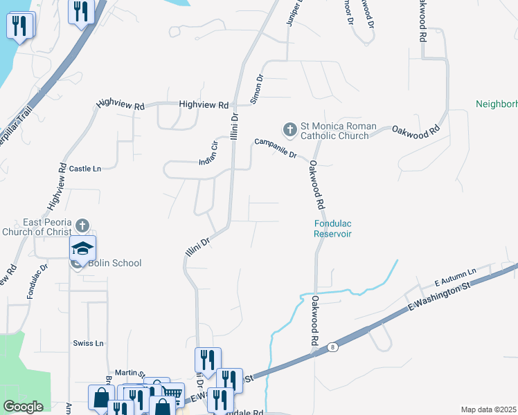 map of restaurants, bars, coffee shops, grocery stores, and more near 105 Ottawa Court in East Peoria