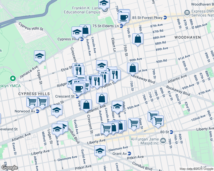 map of restaurants, bars, coffee shops, grocery stores, and more near Fulton St & Nichols Ave in Brooklyn