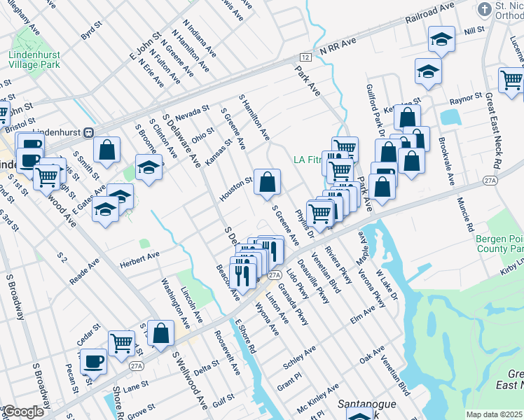 map of restaurants, bars, coffee shops, grocery stores, and more near 408 Narragansett Villas Drive in Lindenhurst