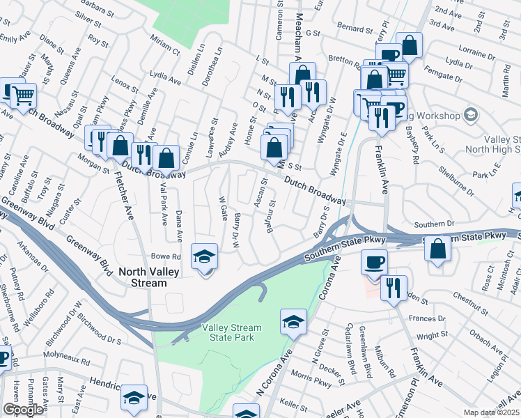 map of restaurants, bars, coffee shops, grocery stores, and more near 1 Chittendon Street in Valley Stream