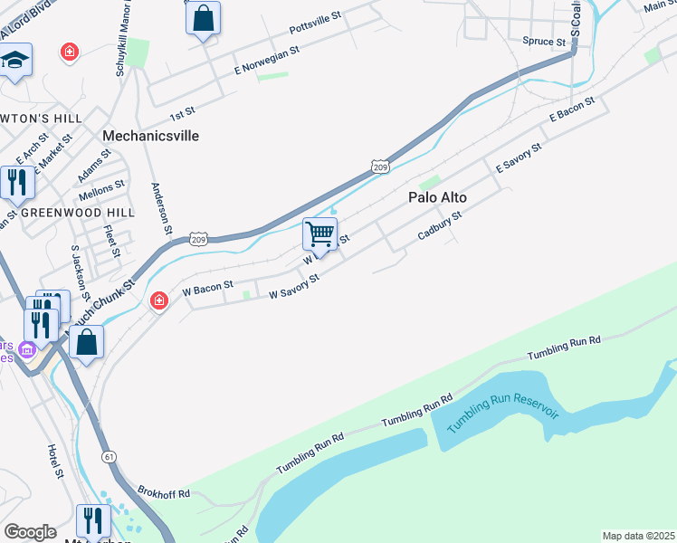 map of restaurants, bars, coffee shops, grocery stores, and more near 114 West Savory Street in Pottsville